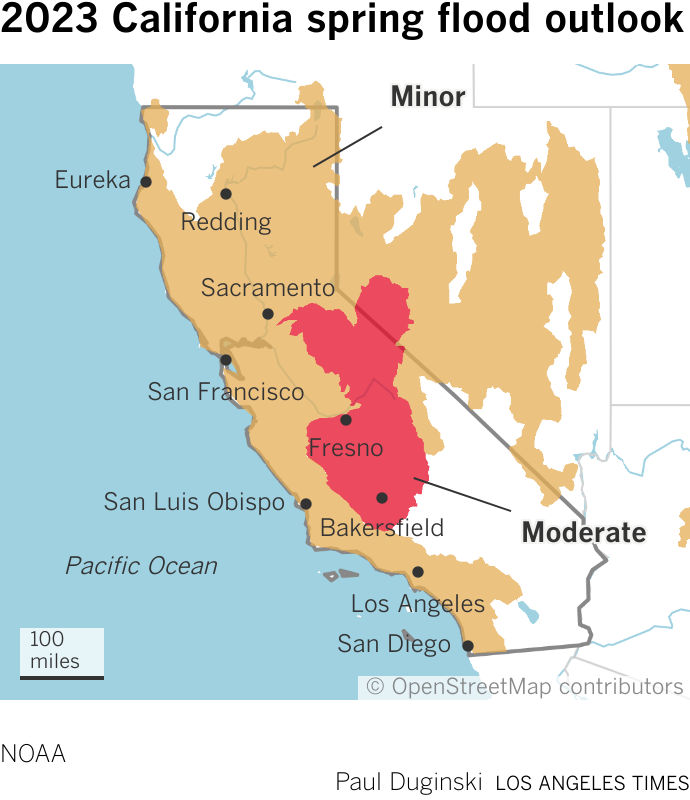 Map showing areas of major, moderate and minor flooding risk for spring 2023 in the U.S.