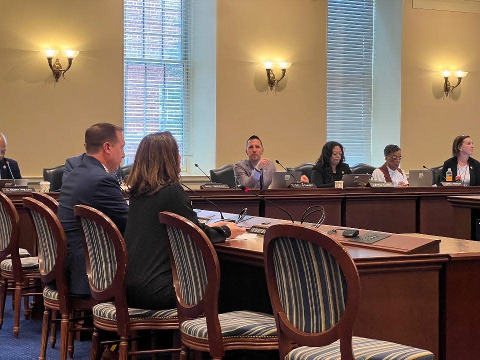 State Sen. Paul Corderman, R-Washington/Frederick, and Stephanie Wilkinson, testify on a bill designed to protect judges before the Maryland House of Delegates Judiciary Committee in Annapolis on Jan. 31, 2024.