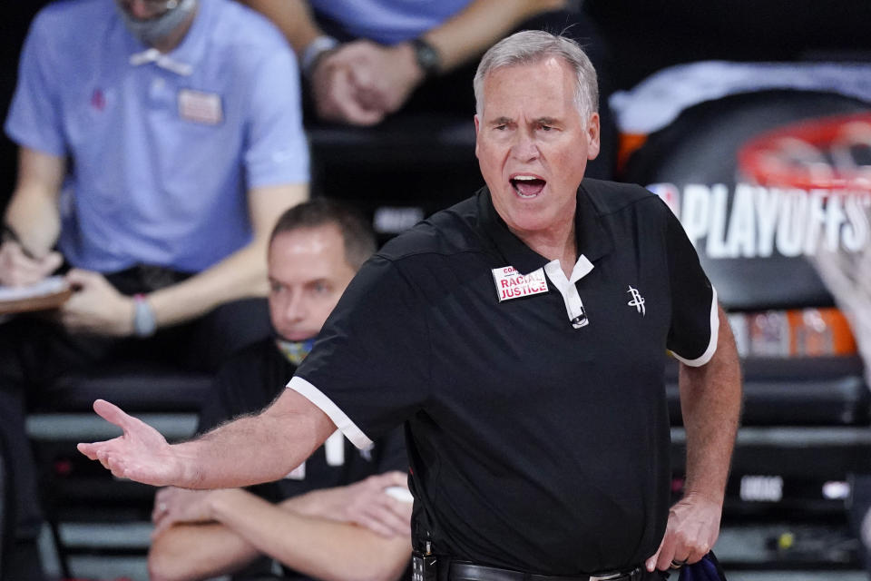 Houston Rockets head coach Mike D'Antoni yells from the bench during the second half of an NBA conference semifinal playoff basketball game against the Los Angeles Lakers Saturday, Sept. 12, 2020, in Lake Buena Vista, Fla. (AP Photo/Mark J. Terrill)