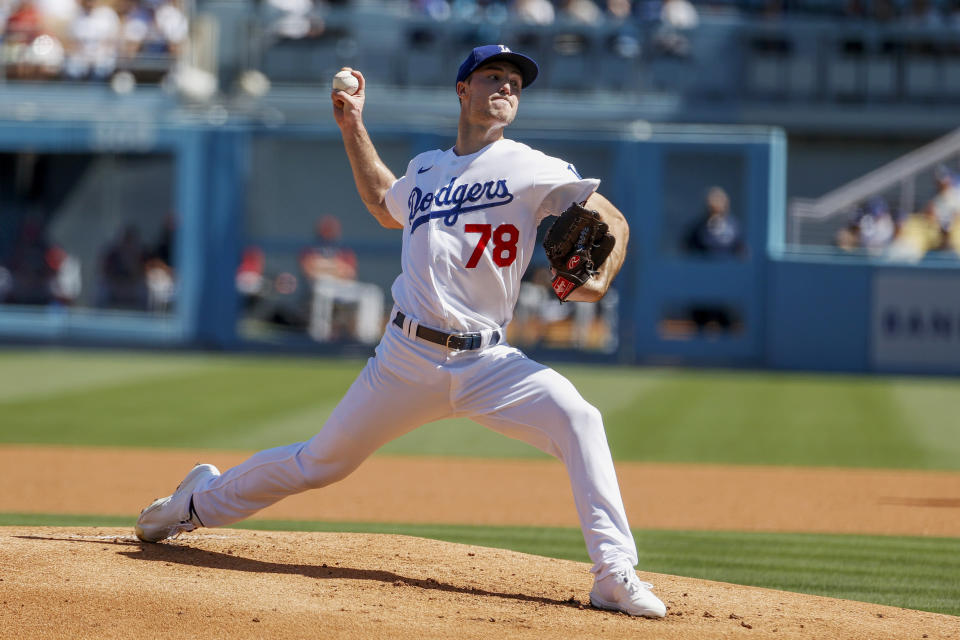 Los Angeles Dodgers starting pitcher Michael Grove throws to an Arizona Diamondbacks batter during the first inning of a baseball game Tuesday, Sept 20, 2022, in Los Angeles. (AP Photo/Ringo H.W. Chiu)