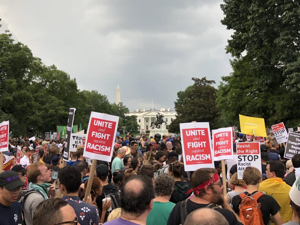 Protestors march against the far-right’s rally in Washington on Aug. 12 — the one-year anniversary of a similar protest in Charlottesville, Va., that turned deadly. (Photo: Daniel Slim/AFP/Getty Images)