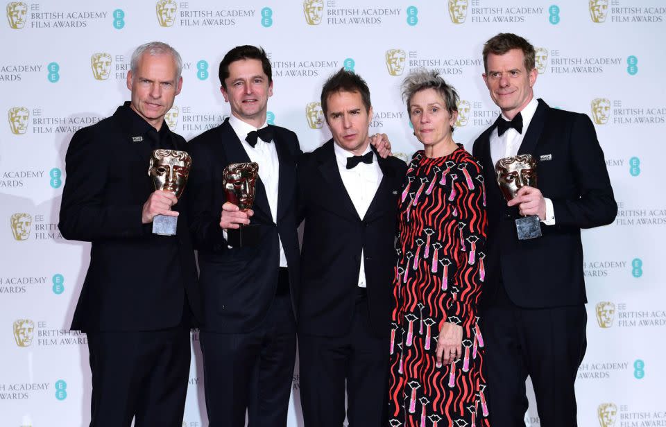 Frances McDormand later won Best Actress, seen here with her Three Billboards co-stars and creators. Source: Getty