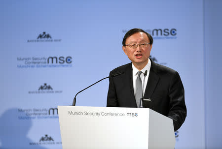 China's Political Bureau member Yang Jiechi speaks during Munich Security Conference in Munich, Germany February 16, 2019. REUTERS/Andreas Gebert