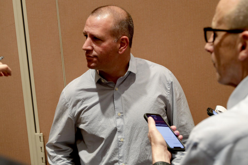 Oakland Athletics general manager David Forst speaks during a media availability during the Major League Baseball general managers annual meetings Tuesday, Nov. 12, 2019, in Scottsdale, Ariz. (AP Photo/Matt York)