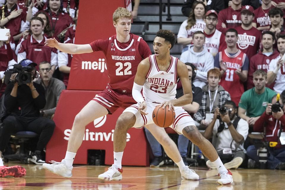 Indiana's Trayce Jackson-Davis (23) works the ball inside as Wisconsin's Steven Crowl (22) defends during the first half of an NCAA college basketball game, Saturday, Jan. 14, 2023, in Bloomington, Ind. (AP Photo/Darron Cummings)