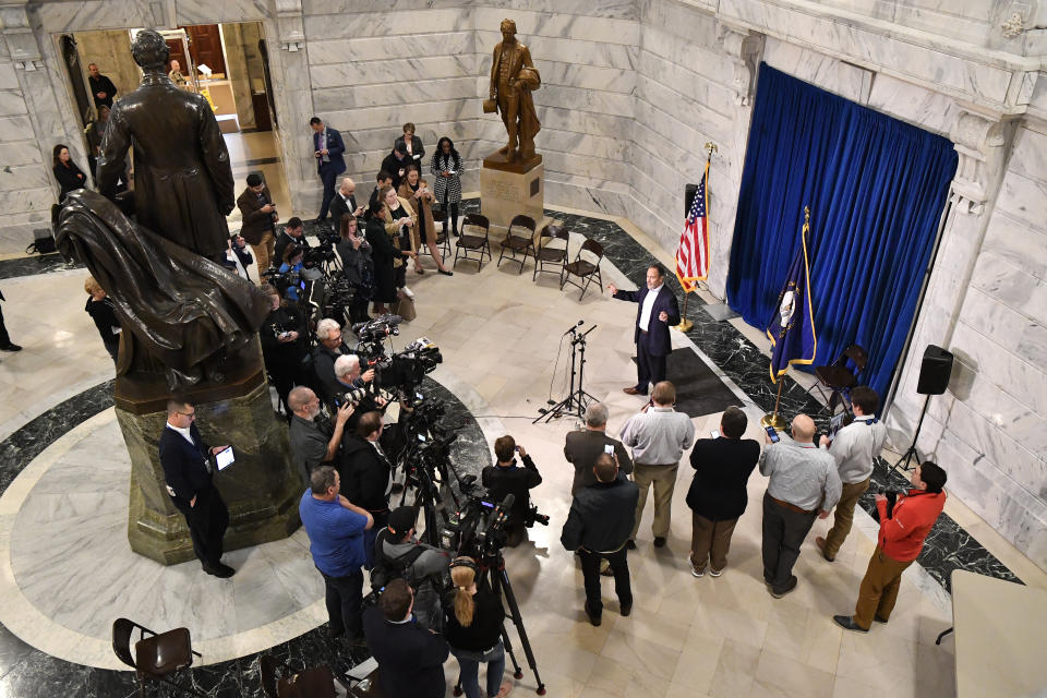 Former Kentucky Governor Matt Bevin speaks to the media gathered in the Kentucky Capitol Rotunda in Frankfort, Ky., Friday, Jan. 6, 2023. Bevin had hinted that he would declare his candidacy for the office of Governor in the Republican primary, but after his speech he left the Capitol without filing. (AP Photo/Timothy D. Easley)