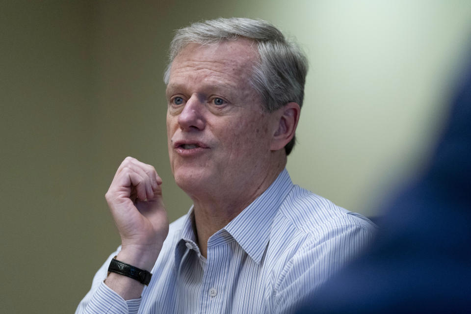 NCAA President Charlie Baker speaks to reporters Friday, Feb. 23, 2024, in Washington. (AP Photo/Stephanie Scarbrough)
