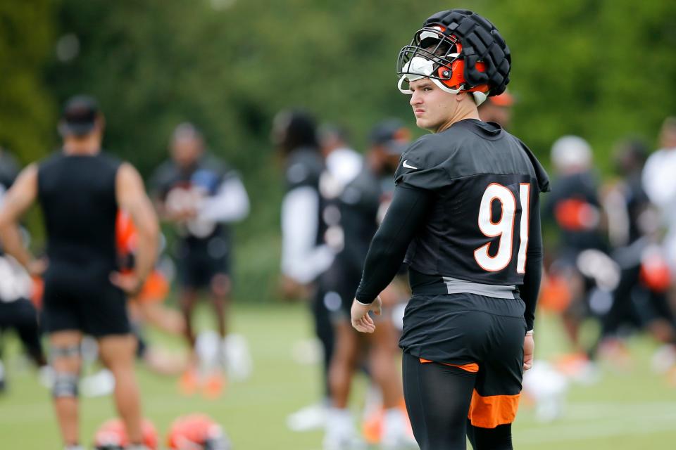 Cincinnati Bengals defensive end Trey Hendrickson (91) warms up during the first day of preseason training camp at the Paul Brown Stadium training facility in downtown Cincinnati on Wednesday, July 27, 2022.