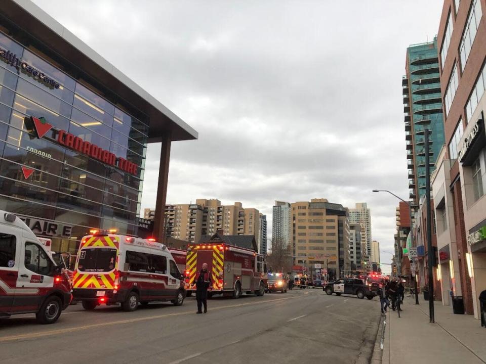 A blocked off stretch of street on Eighth Street S.W. in Calgary.  (Jocelyn Boissonneault/CBC - image credit)