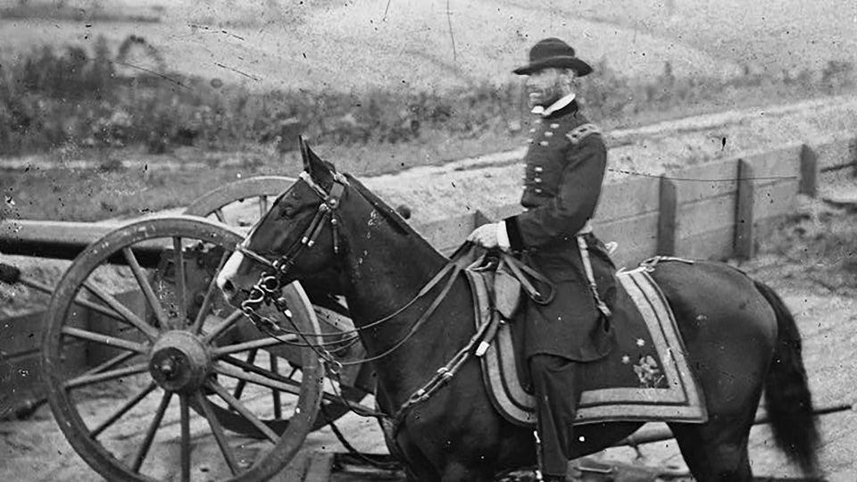 Gen. William T. Sherman on horseback at Federal Fort No. 7 - George N. Barnard/Library of Congress