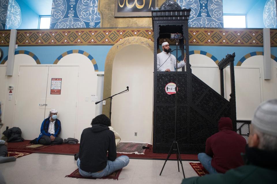 Imam Hadi Shehata leads Friday prayers Friday, April 2, 2021, at Masjid Ibrahim mosque in Newark, Delaware.