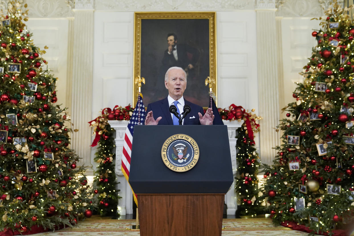 President Biden at a podium discussing the COVID-19 response and vaccinations.