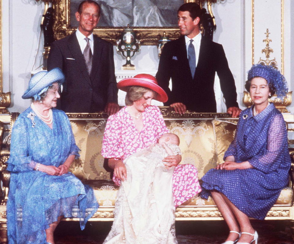 <p>Princess Diana holds Prince William on 4 August 1982, after his christening, in between the Queen and the Queen mother. Prince Charles and the Duke of Edinburgh stand behind them, at Buckingham Palace. (PA)</p> 