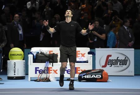 Britain Tennis - Barclays ATP World Tour Finals - O2 Arena, London - 19/11/16 Great Britain's Andy Murray celebrates winning his semi final match against Canada's Milos Raonic Action Images via Reuters / Tony O'Brien Livepic