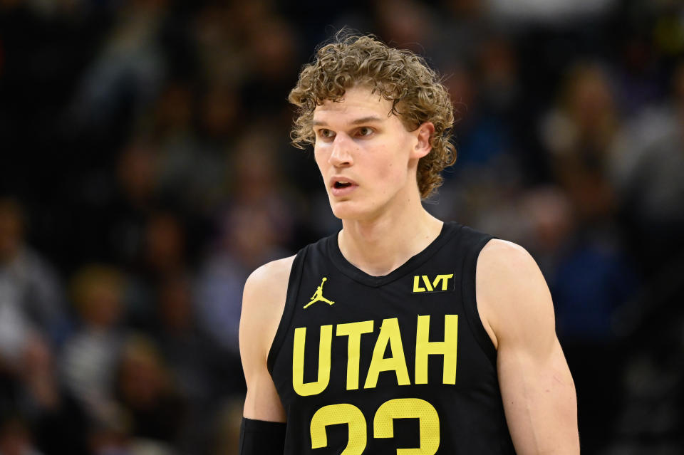 SALT LAKE CITY, UTAH - MARCH 27: Lauri Markkanen #23 of the Utah Jazz in action with Jeremy Sochan #10 of the San Antonio Spurs during the first half of a game at Delta Center on March 27, 2024 in Salt Lake City, Utah. (Photo by Alex Goodlett/Getty Images)