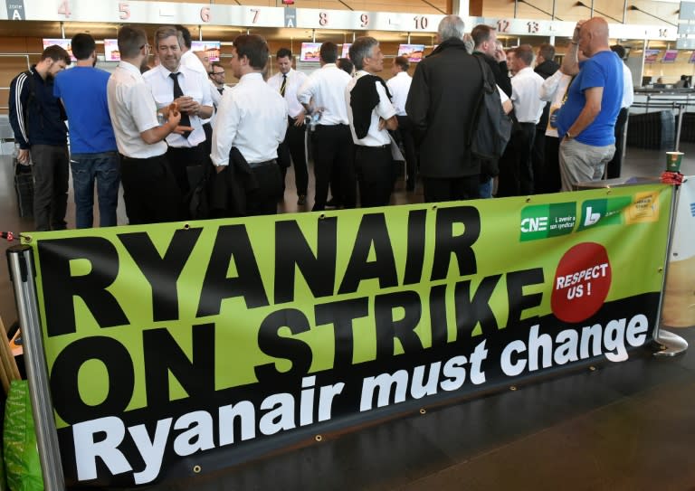 Belgium-based Ryanair pilots gathered at Charleroi Airport on August 10, 2018, as part of a European-wide strike