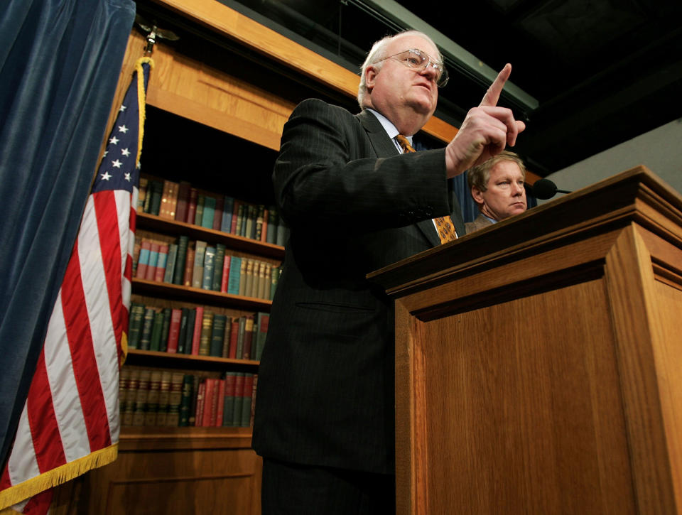 Rep. James Sensenbrenner (R-Wis., left) holds a press conference at the U.S. Capitol on December 8, 2004 in Washington, D.C. (Photo by Win McNamee/Getty Images)