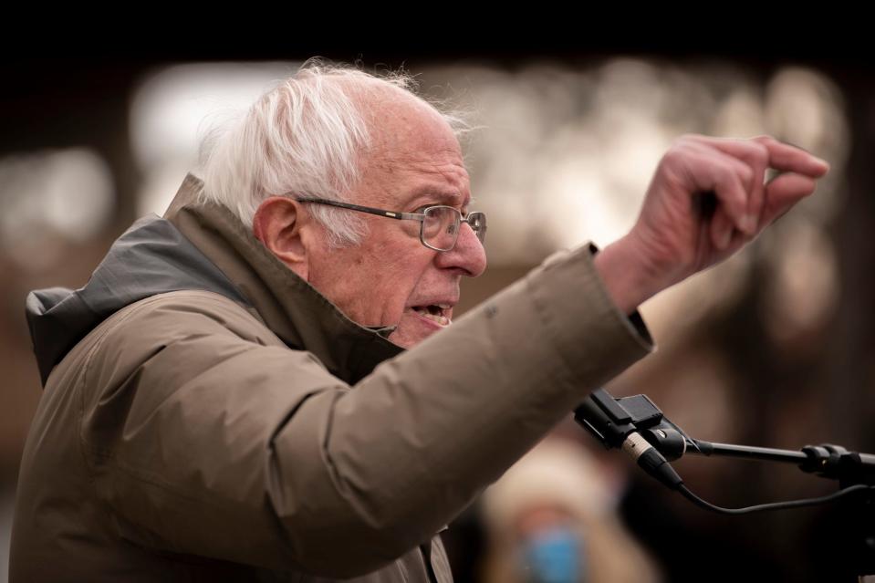 Sen. Bernie Sanders rallies with striking workers outside Kellogg Co. World Headquarters on Friday, Dec. 17, 2021, in Battle Creek, Michigan.