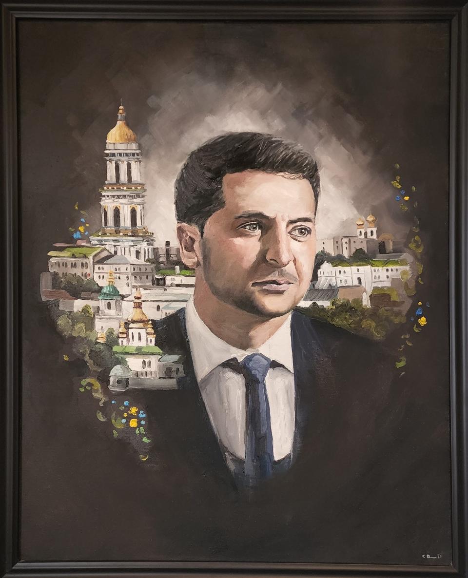 "Portrait of Courage," a portrait of Ukrainian President Volodymyr Zelenskyy by Chicago artist Casey Despot, will be sold in an online auction by Wakker Cheese of Kewaunee with proceeds going to relief supplies for people in Ukraine.