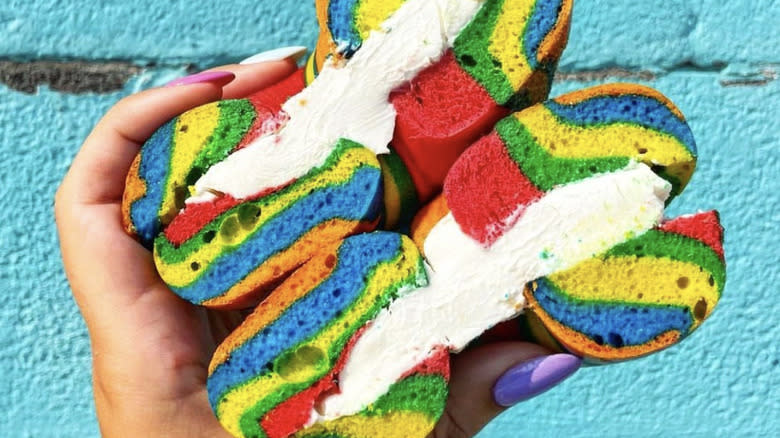 handheld rainbow bagel