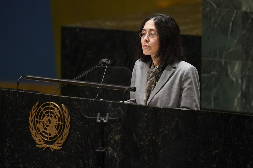 Deputy Ambassador of Israel to the United Nations Noa Furman speaks during an emergency meeting of the General Assembly at United Nations headquarters, Tuesday, March 1, 2022. (AP Photo/Seth Wenig)