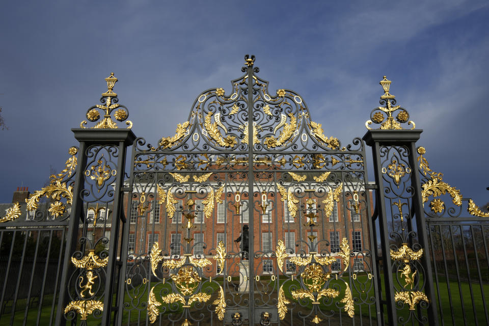 A view of Kensington Palace in London, Friday, Jan. 6, 2023. Prince Harry alleges in a much-anticipated new memoir that his brother Prince William lashed out and physically attacked him during a furious argument over the brothers' deteriorating relationship. The book "Spare" also included incendiary revelations about the estranged royal's drug-taking, first sexual encounter and role in killing people during his military service in Afghanistan. (AP Photo/Kirsty Wigglesworth)