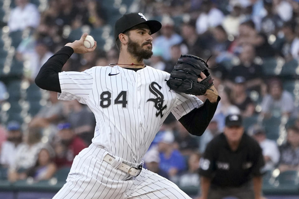 Chicago White Sox starting pitcher Dylan Cease delivers during the first inning of the team's baseball game against the Kansas City Royals on Tuesday, Aug. 3, 2021, in Chicago. (AP Photo/Charles Rex Arbogast)