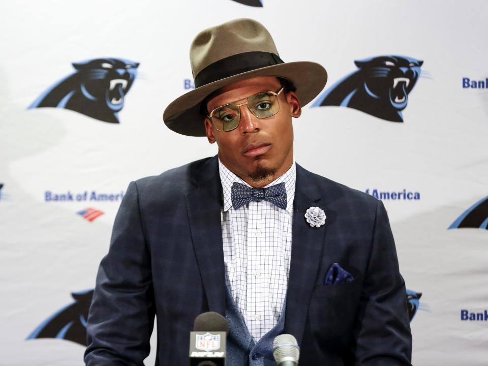 TAMPA, FL - OCTOBER 29: Quarterback Cam Newton #1 of the Carolina Panthers answers questions from the media at a press conference after the game against the Tampa Bay Buccaneers at Raymond James Stadium on October 29, 2017 in Tampa, Florida. Panthers defeated the Buccaneers 17 to 3. (Photo by Don Juan Moore/Getty Images)