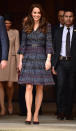 <p>When in Paris, why not wear multiple Chanel pieces? For her last day in the French capital, the Duchess wore a tweed coat dress by the Parisian brand with a Chanel logo belt and quilted burgundy bag. Chanel shoes weren’t on the menu for Kate chose her trusty fringed leather pumps by Tod’s. </p><p><i>[Photo: PA]</i> </p>