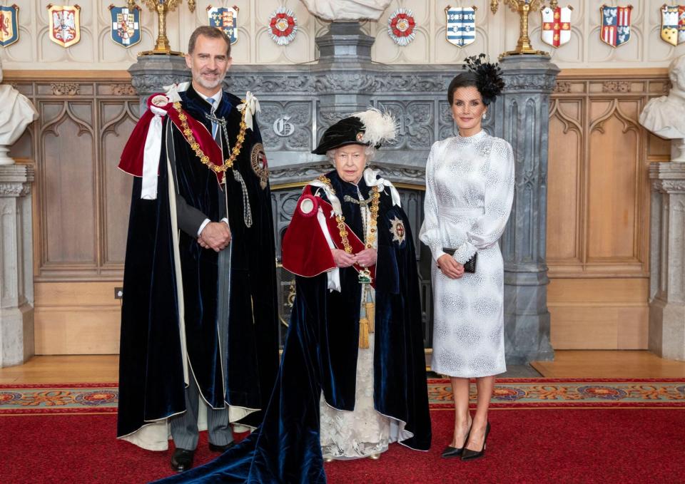 WINDSOR, ENGLAND - JUNE 17: Queen Elizabeth II (C) with King Felipe VI of Spain (L) and Queen Letizia of Spain (R), after the king was invested as a Supernumerary Knight of the Garter, ahead of the Order of the Garter Service at St George's Chapel in Windsor Castle on June 17, 2019 in Windsor, England. The Order of the Garter is the senior and oldest British Order of Chivalry, founded by Edward III in 1348. The Garter ceremonial dates from 1948, when formal installation was revived by King George VI for the first time since 1805. (Photo by Steve Parsons - WPA Pool/Getty Images)