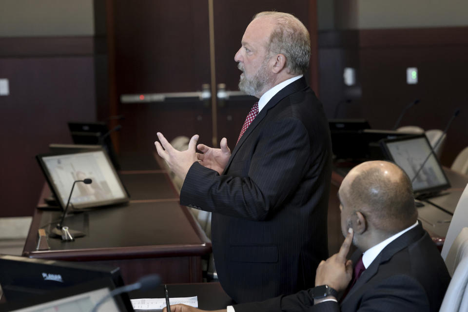 Clark County Chief Deputy District Attorney Marc DiGiacomo announces an indictment in the 1996 murder of rapper Tupac Shakur during a court hearing at the Regional Justice Center in Las Vegas on Friday, Sept. 29, 2023. (K.M. Cannon/Las Vegas Review-Journal via AP)