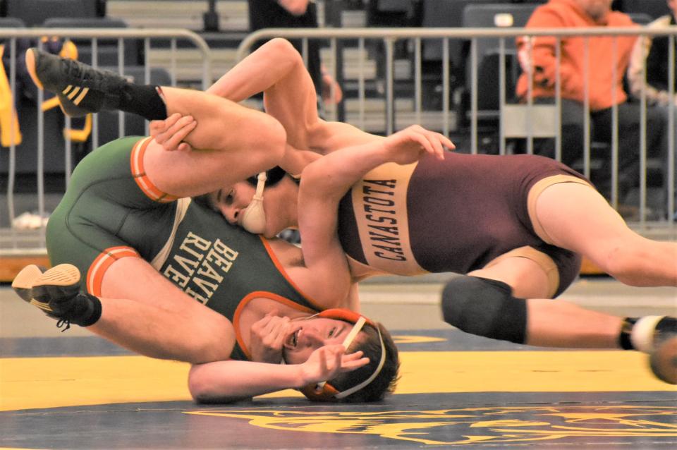 Canastota Raider Culley Bellino (right) rolls Beaver River's Seth Garrison Feb. 11 during a true second match at Section III's Division II championships at SRC Arena. Bellino, Section III's runner-up, is a Division II semifinalist at 132 pounds at the state tournament.