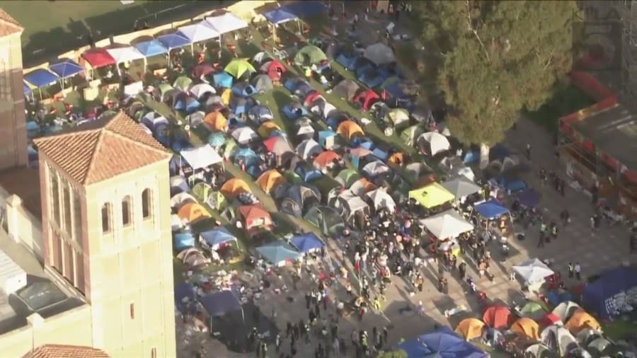 A large encampment of pro-Palestinian protestors gathered on the UCLA campus on May 1, 2024. (KTLA)