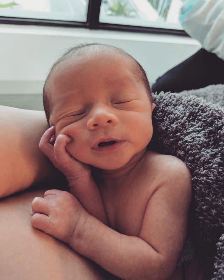 Chrissy Teigen shared the first image of her son with a heartfelt message. "Hello, world! This is Miles Theodore Stephens," she wrote on May 20, 2018. "We are drowning in his little peeps and nuzzles. Our household feels overwhelmed with love. Thank you for all your well wishes!" Miles is Teigen's second child with husband John Legend. Their daughter Luna was born in 2016.