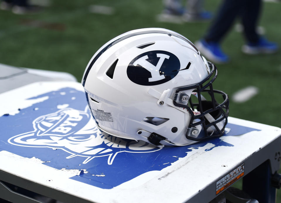 Oct 23, 2021; Pullman, Washington, USA; Brigham Young Cougars helmet sits during a game against the Washington State Cougars in the second half at Gesa Field at Martin Stadium. BYU won 21-19. Mandatory Credit: James Snook-USA TODAY Sports