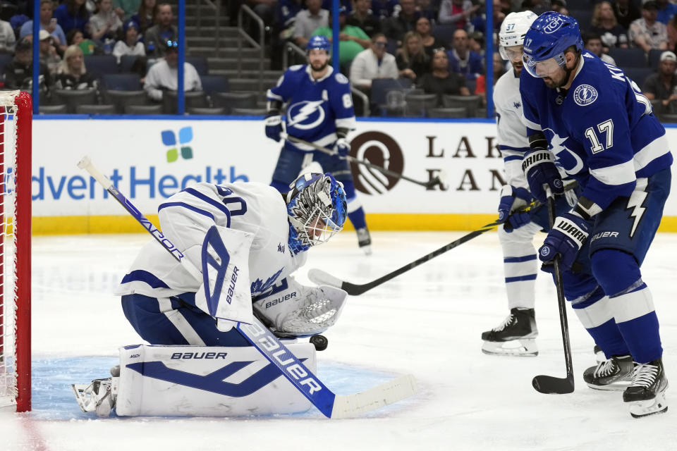 Toronto Maple Leafs goaltender Joseph Woll (60 makes a save on a shot by Tampa Bay Lightning left wing Alex Killorn (17) during the second period of an NHL hockey game Tuesday, April 11, 2023, in Tampa, Fla. (AP Photo/Chris O'Meara)