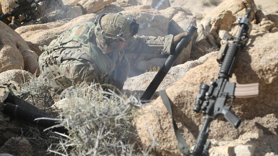 Soldiers from Fort Wainwright, Alaska, fire a mortar round at the National Training Center at Fort Irwin, Calif., on Feb. 20, 2019. (Spc. Kimberly Riley/Army)