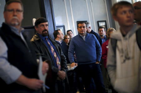 U.S. Republican presidential candidate Ted Cruz listens to his introduction at a campaign event in Centerville, Iowa, United States, January 26, 2016. REUTERS/Jim Young