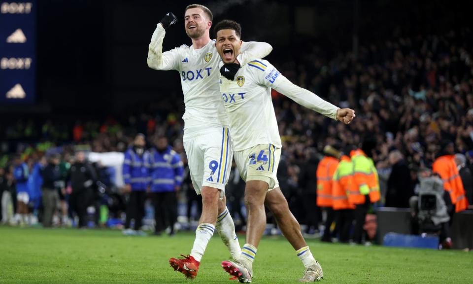 <span>Patrick Bamford (left) and Georginio Rutter celebrate after Leeds’ victory against Leicester.</span><span>Photograph: George Wood/Getty Images</span>