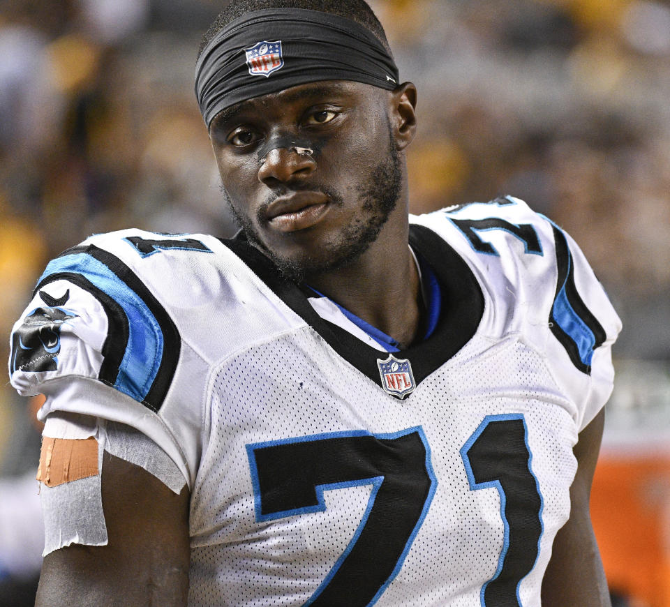 Carolina Panthers defensive end Efe Obada won NFC defensive player of the week after a big effort in his first NFL game. (AP)