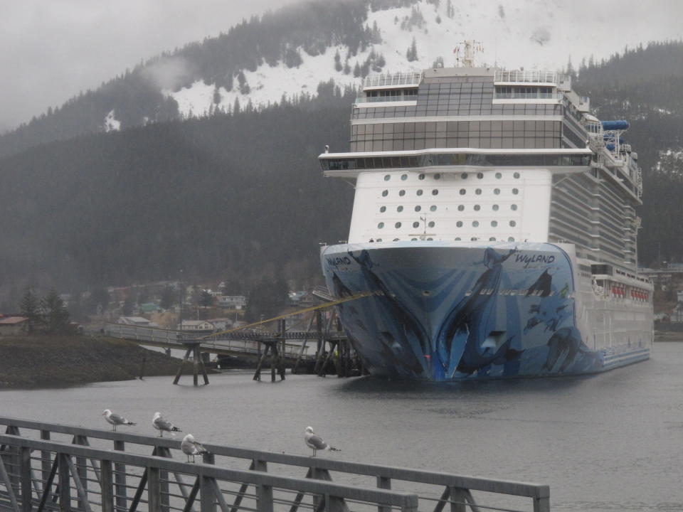 The cruise ship Norwegian Bliss is shown docked in Juneau, Alaska on Monday, April 25, 2022. It is the first large cruise ship of the season to arrive in Alaska. (AP Photo/Becky Bohrer)