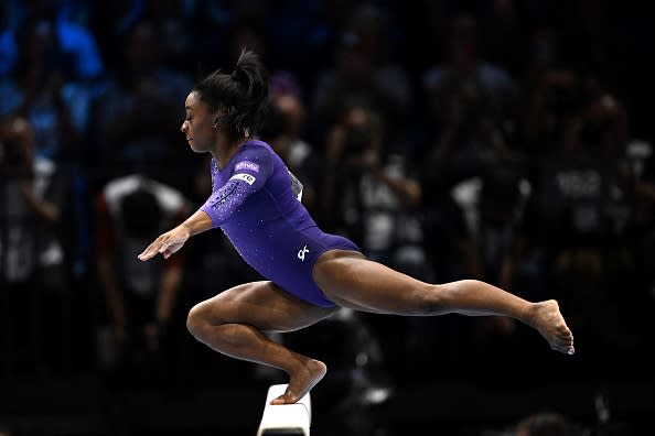 TOPSHOT – US’ Simone Biles competes in the Women’s Balance Beam Final during the 52nd FIG Artistic Gymnastics World Championships, in Antwerp, northern Belgium, on October 8, 2023. (Photo by Lionel BONAVENTURE / AFP) (Photo by LIONEL BONAVENTURE/AFP via Getty Images)