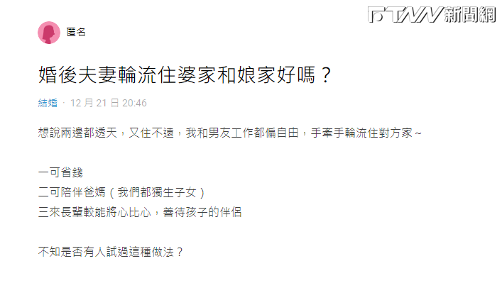 一名網友以「婚後夫妻輪流住婆家和娘家好嗎？」為題，在Dcard發文向網友請益。（圖／翻攝自Dcard）