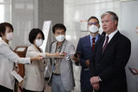 U.S. Deputy Secretary of State Stephen Biegun, right, speaks to the media beside his South Korean counterpart Lee Do-hoon after their meeting at the Foreign Ministry in Seoul Wednesday, July 8, 2020. Biegun is in Seoul to hold talks with South Korean officials about allied cooperation on issues including North Korea. (Kim Hong-ji/Pool Photo via AP)