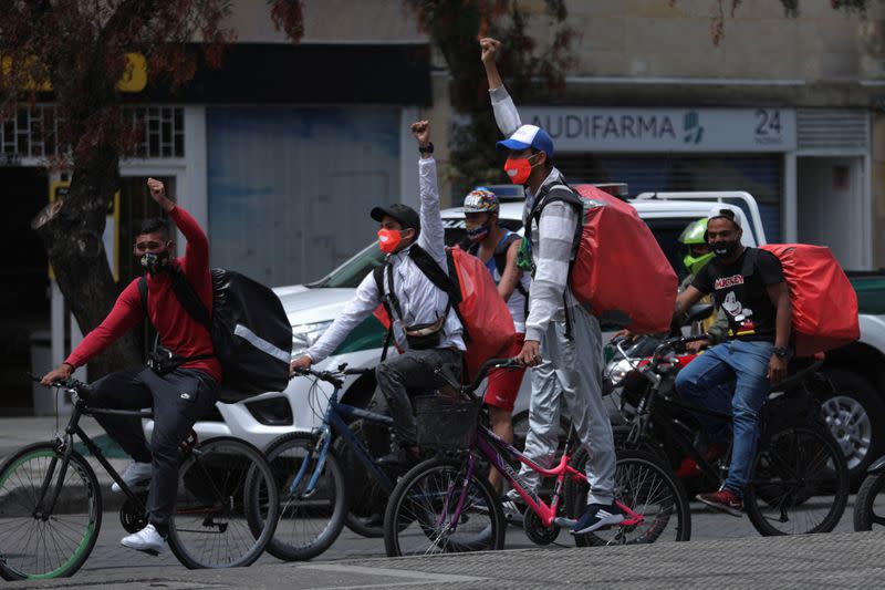 Delivery workers for Rappi and other delivery apps protest as part of a strike to demand better wages and working conditions, amid the coronavirus disease (COVID-19) outbreak, in Bogota