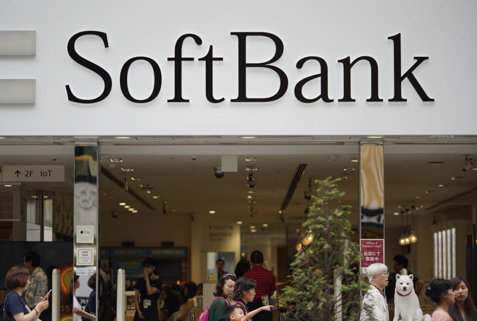 FILE - The logo of Japanese mobile provider SoftBank at its shop in Tokyo, Japan, on June 14, 2018. South Korea vowed Friday, May 10, 2024, to protect its companies operating in other markets after Japanese regulators told LY Corp., which runs the popular chat app Line in a joint venture with Japan’s SoftBank, to reduce its dependence on its Korean partner, Naver. (AP Photo/Shuji Kajiyama, File)