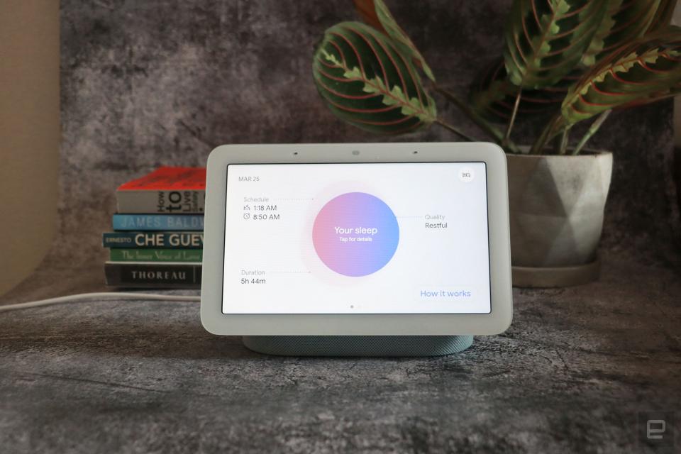 <p>Google Nest Hub 2021 (2nd gen) photo. Picture of Google's newest smart display on a table with books and a plant in the background.</p>
