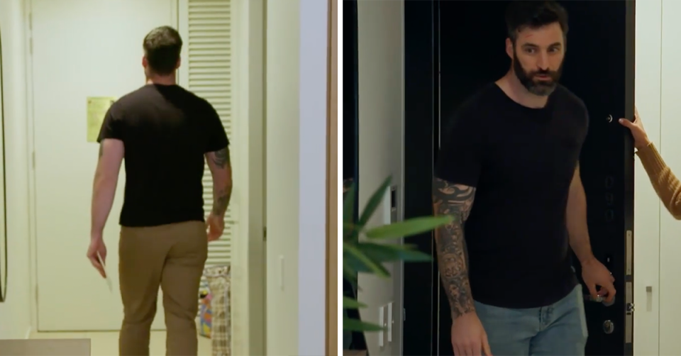 MAFS&#39; Anthony wearing a black t-shirt and tan chinos / MAFS&#39; Anthony wearing a black t-shirt and blue jeans.