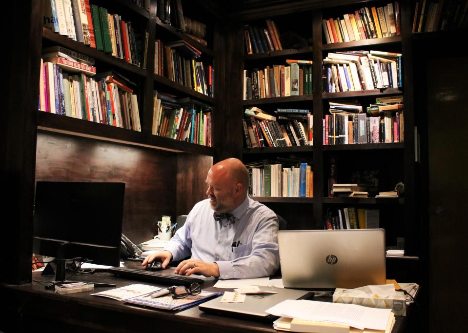 Cornerstone Headmaster Christopher Stevens works in his office Aug. 19.