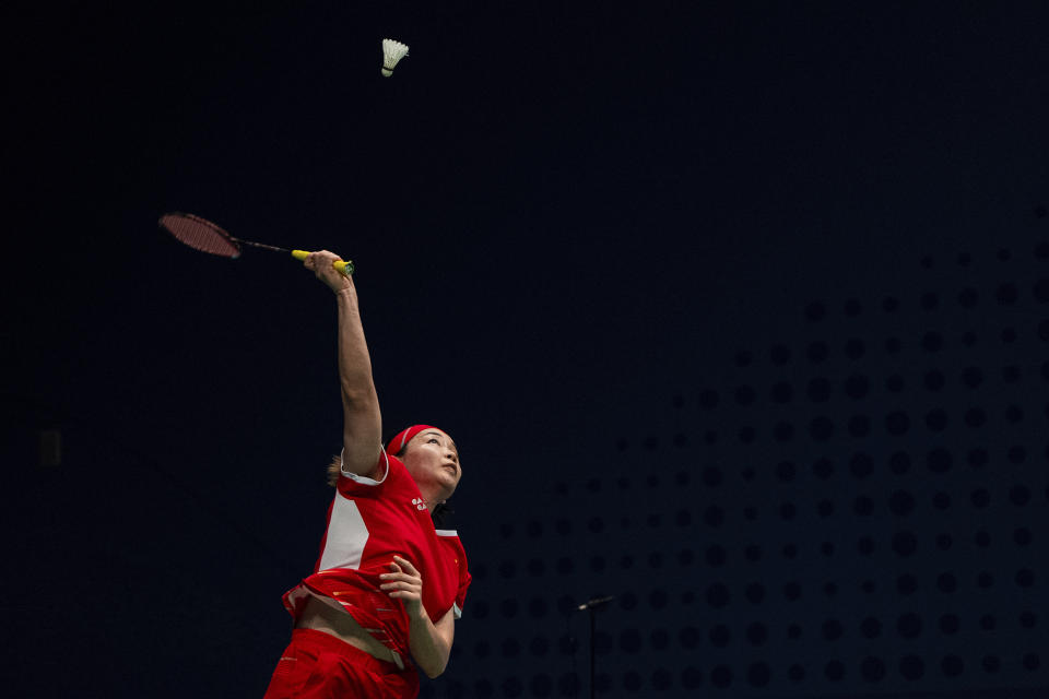 China's Chen Qingchen competes during the women's team gold medal team match at the 19th Asian Games in Hangzhou, China, Sunday, Oct. 1, 2023. (AP Photo/Louise Delmotte)